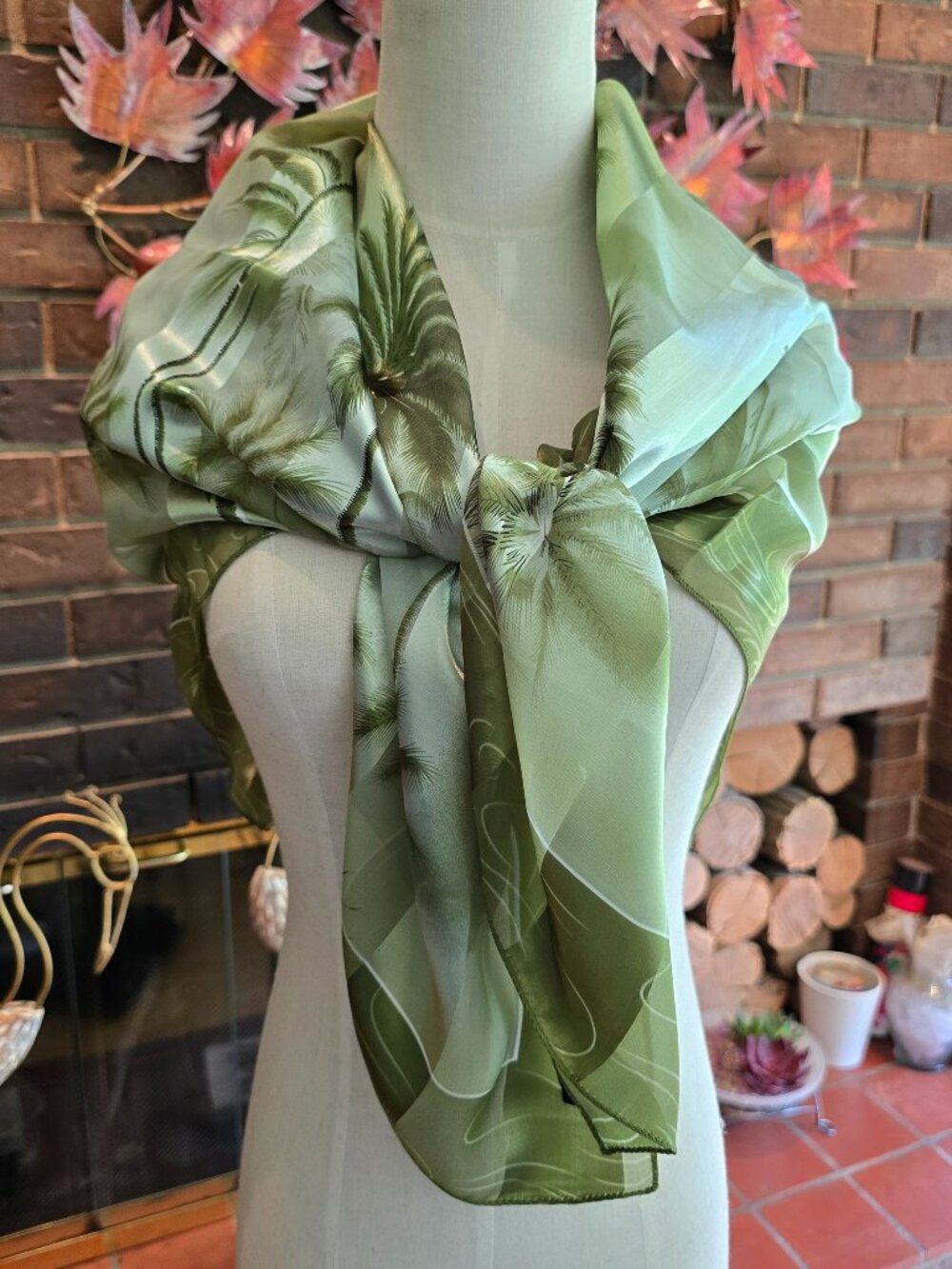 Vintage 100% Silk Scarf in Shades of Green, Palm Tree Motif